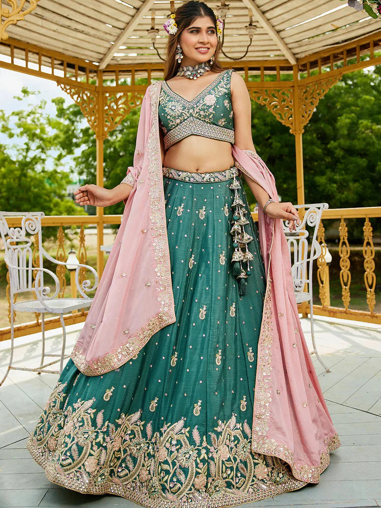 Teal Elegant Chiffon Sequin Embroidered Lehenga Choli Set with Ethnic Dupatta & Handmade Latkan