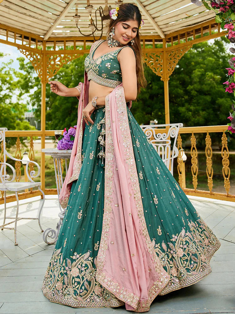Teal Elegant Chiffon Sequin Embroidered Lehenga Choli Set with Ethnic Dupatta & Handmade Latkan