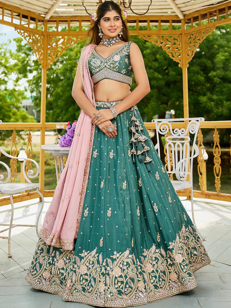 Teal Elegant Chiffon Sequin Embroidered Lehenga Choli Set with Ethnic Dupatta & Handmade Latkan