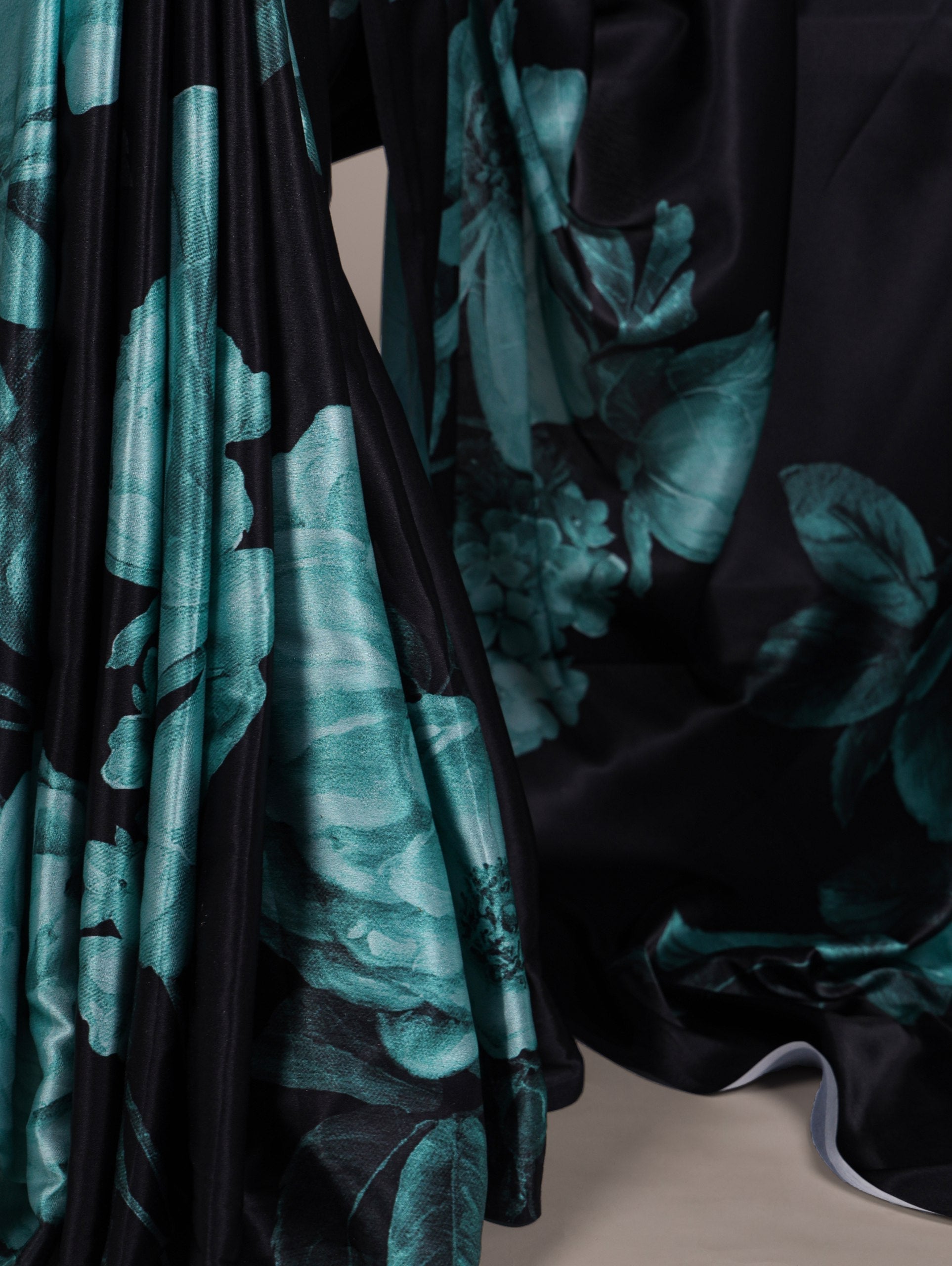Teal Elegant Floral Print Satin Silk Saree with Plain Banglory Blouse Piece
