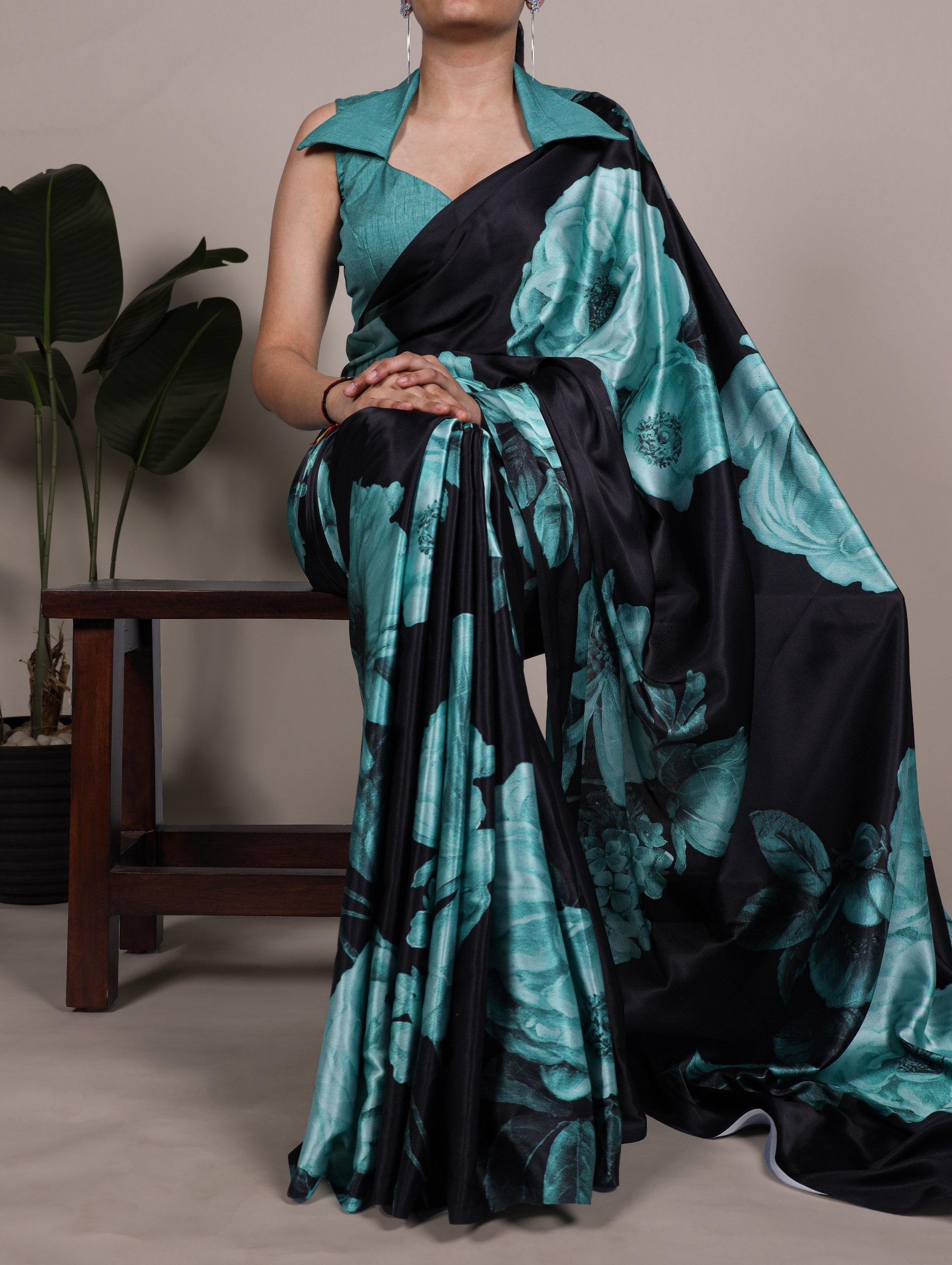 Teal Elegant Floral Print Satin Silk Saree with Plain Banglory Blouse Piece