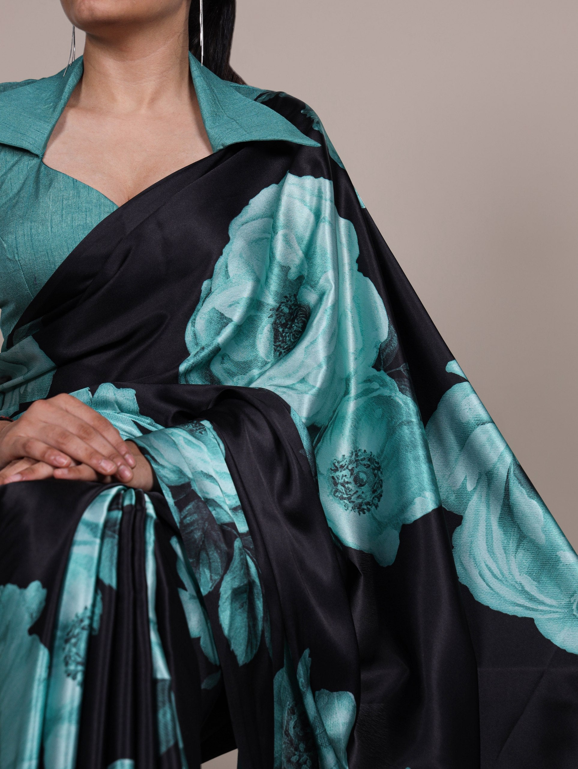 Teal Elegant Floral Print Satin Silk Saree with Plain Banglory Blouse Piece
