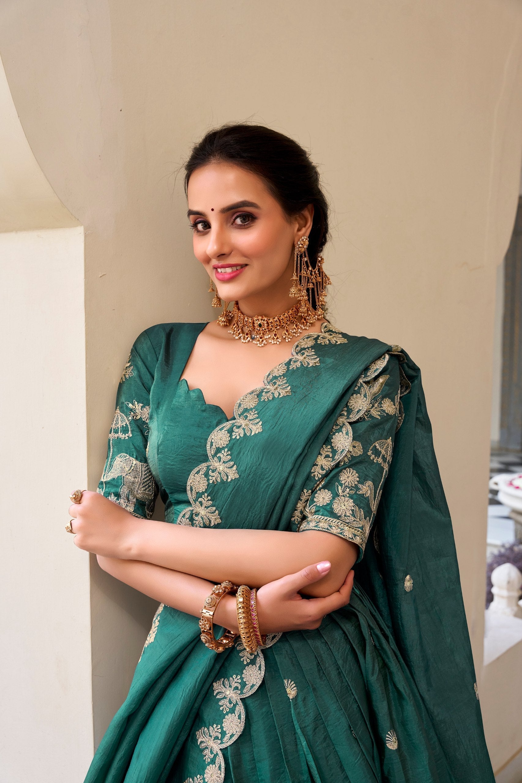 Teal Elegant Gold Crush Lehenga Set with Sequins & Thread Embroidery