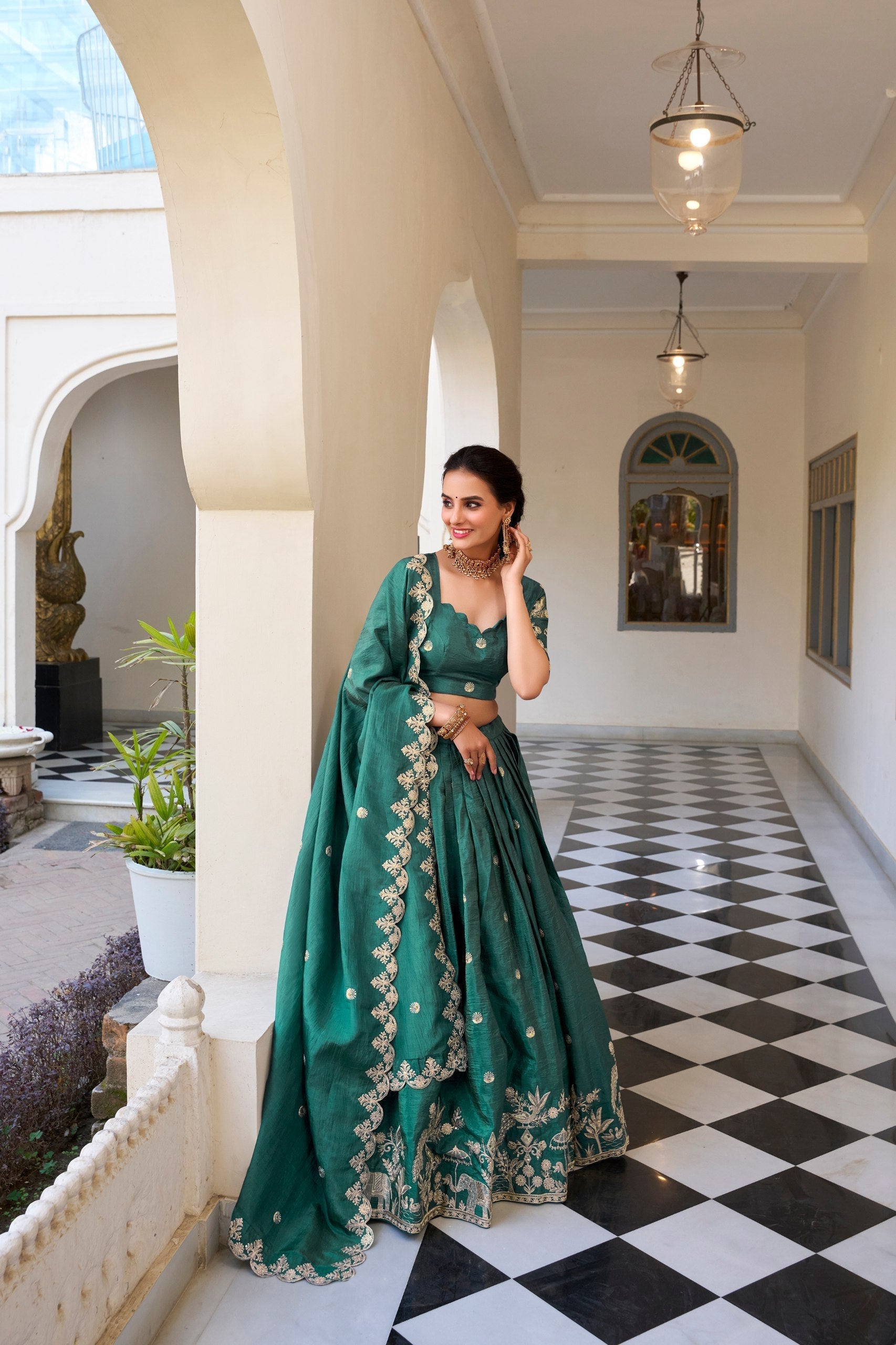 Teal Elegant Gold Crush Lehenga Set with Sequins & Thread Embroidery
