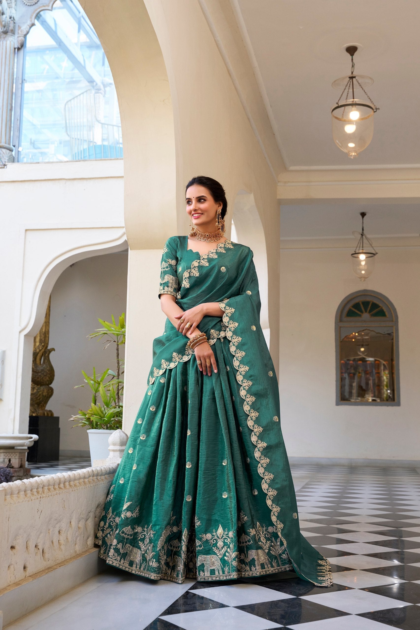 Teal Elegant Gold Crush Lehenga Set with Sequins & Thread Embroidery
