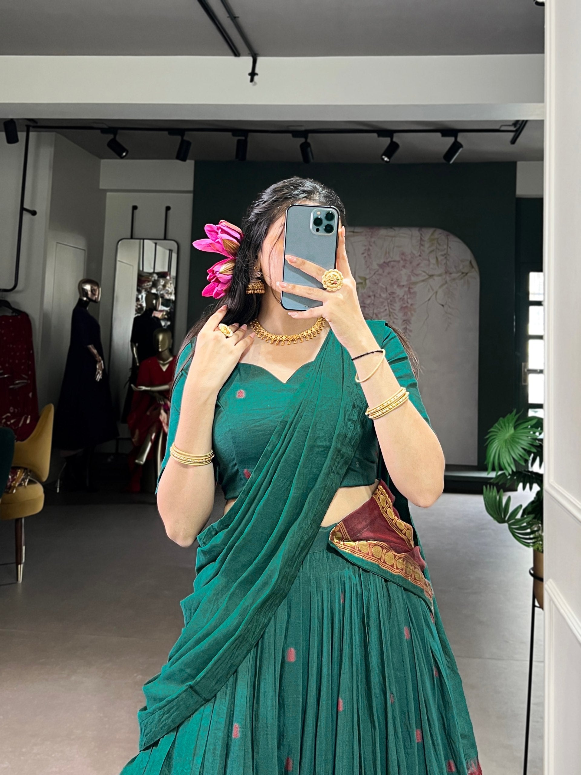 Teal Elegant Pure Chanderi Lehenga with Zari Weaving Work – Stitched Lehenga with Unstitched Blouse & Zari Dupatta