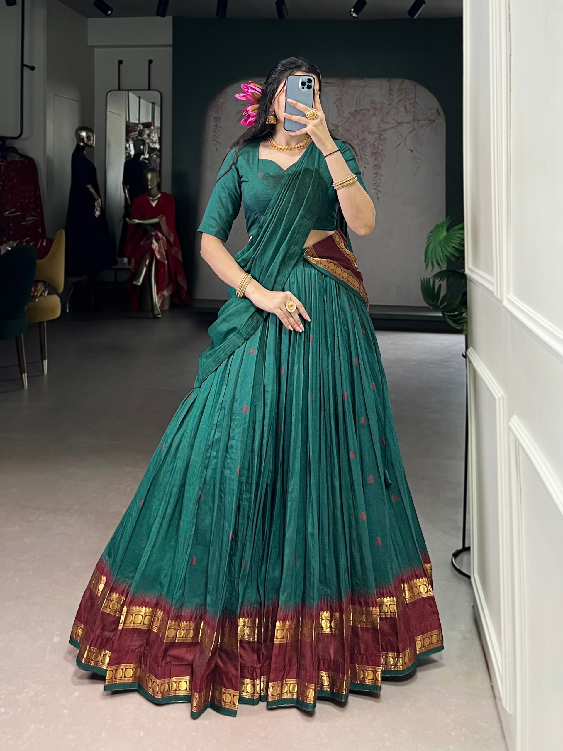 Teal Elegant Pure Chanderi Lehenga with Zari Weaving Work – Stitched Lehenga with Unstitched Blouse & Zari Dupatta
