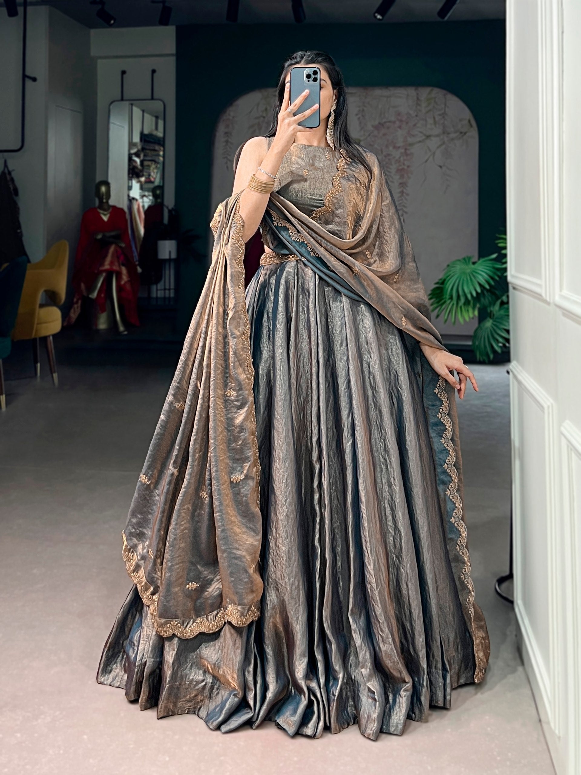 Teal Fendi Sequins Embroidered Lehenga