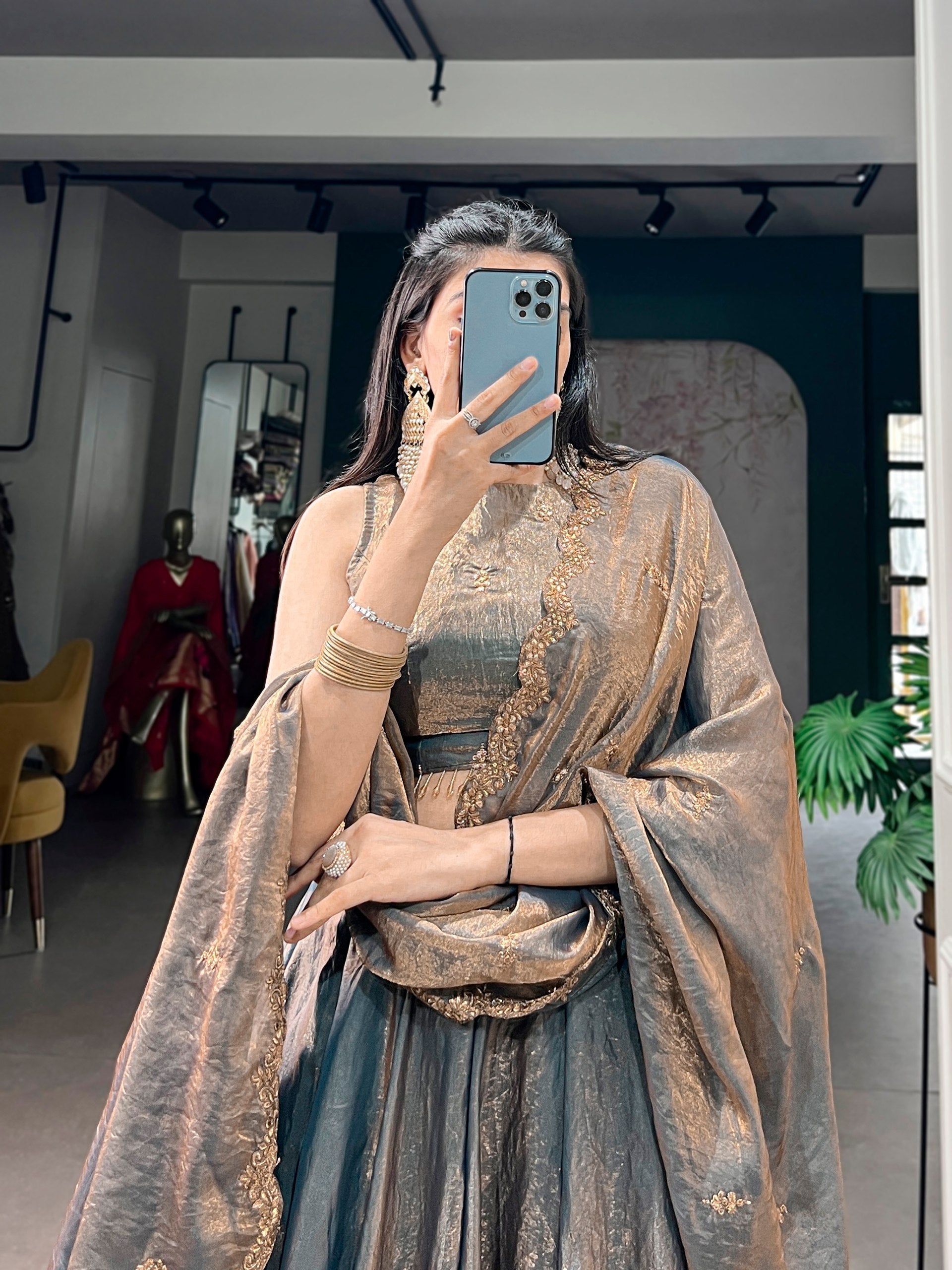 Teal Fendi Sequins Embroidered Lehenga