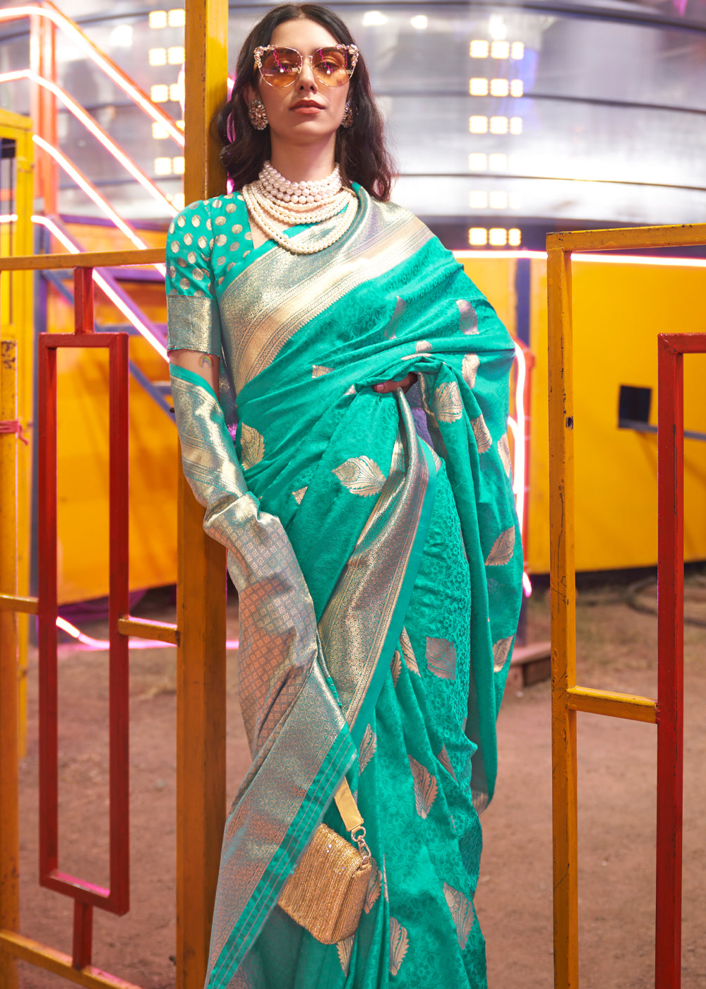 Teal Floral Printed Banarasi Silk Saree with Zari Woven Pallu