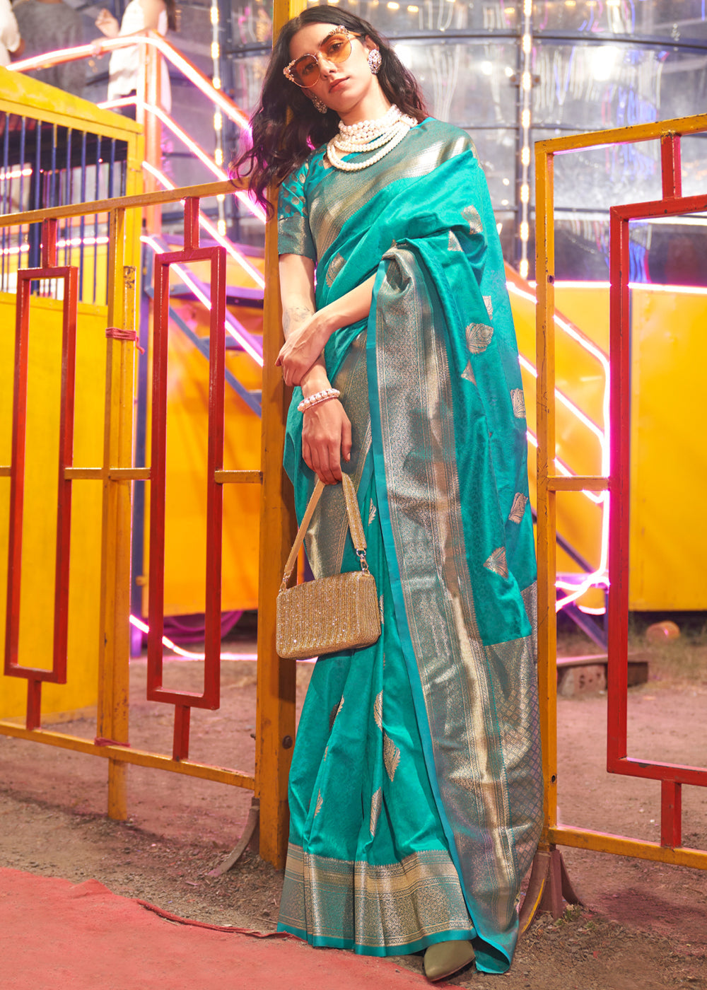 Teal Floral Printed Banarasi Silk Saree with Zari Woven Pallu
