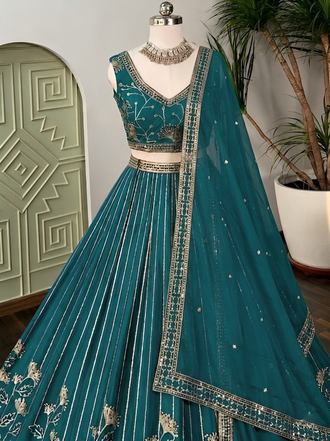 Teal Georgette Embroidered Lehenga