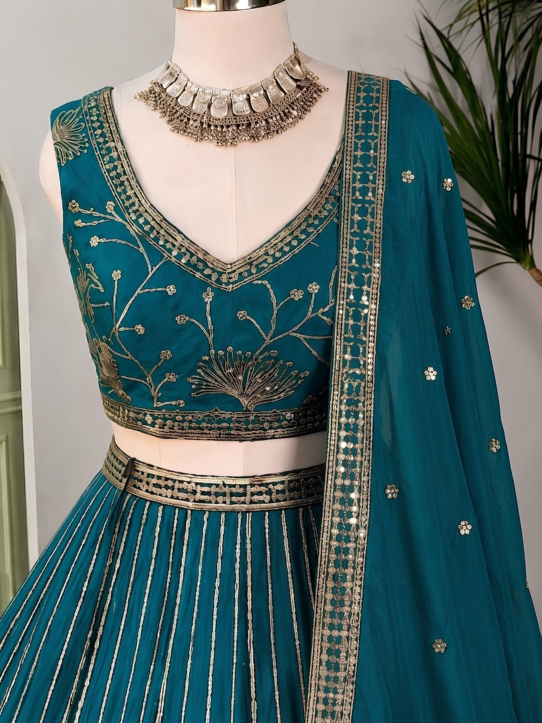 Teal Georgette Embroidered Lehenga