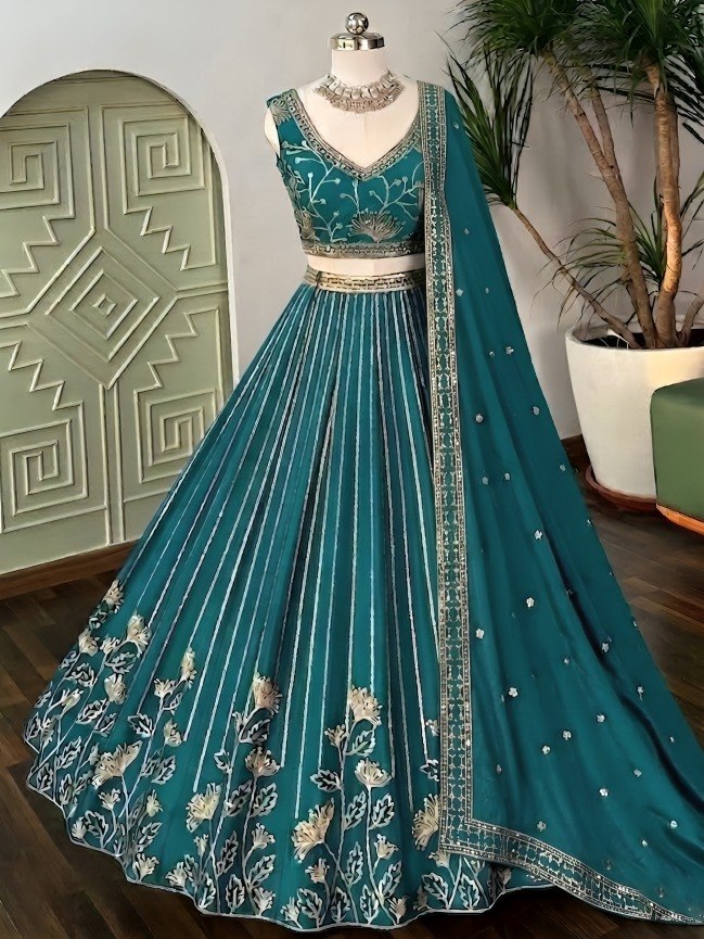 Teal Georgette Embroidered Lehenga