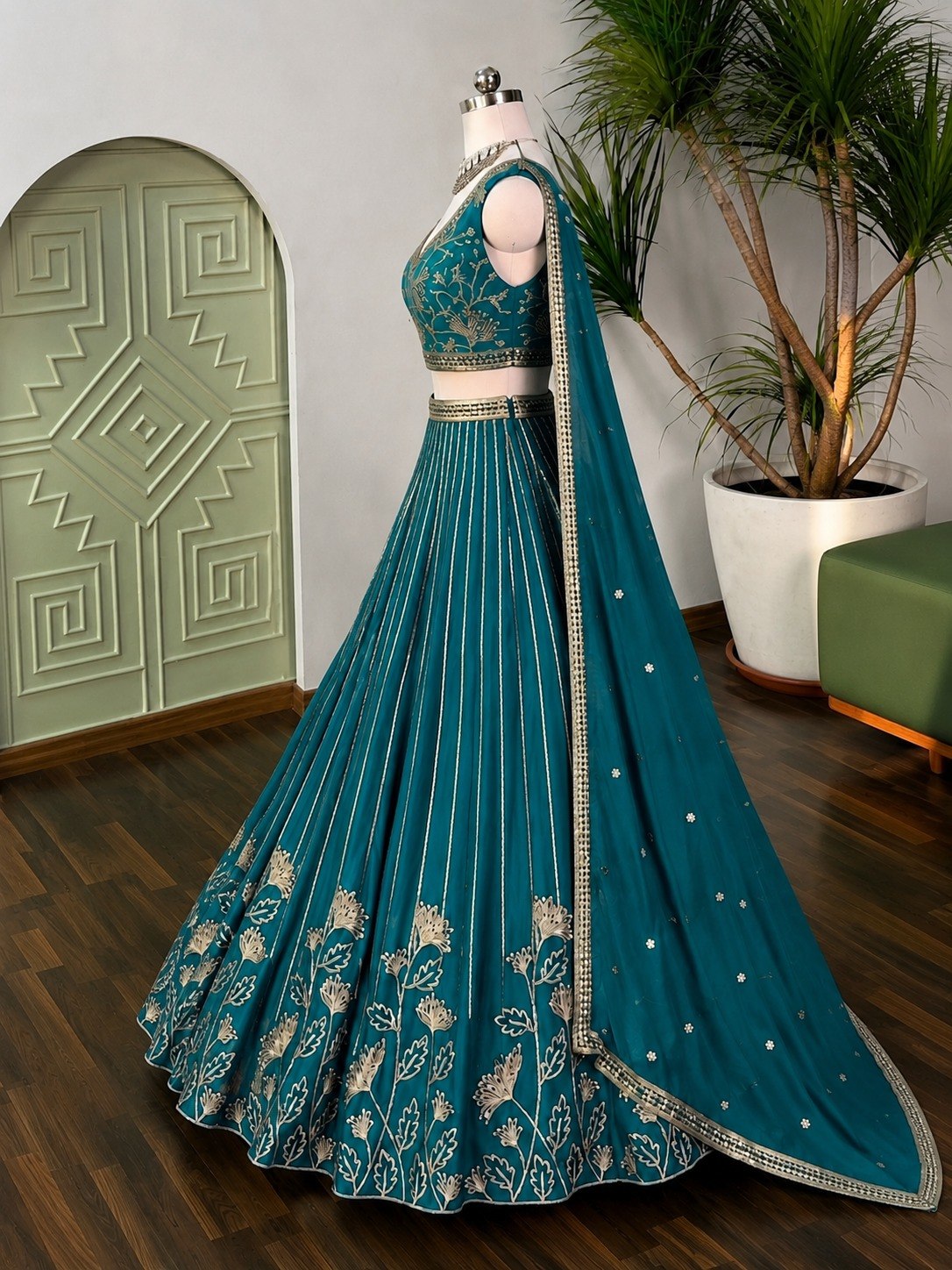 Teal Georgette Embroidered Lehenga