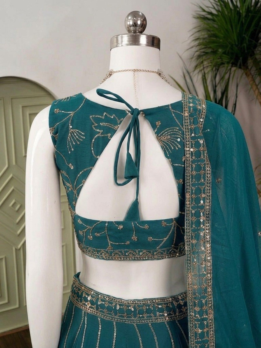 Teal Georgette Embroidered Lehenga