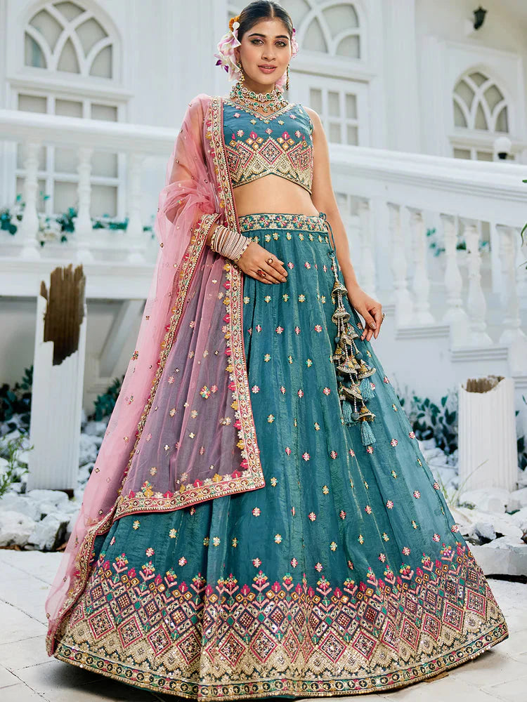 Teal Gorgeous Pure Georgette Tissue Lehenga Choli Set with Heavy Sequin & Thread Embroidery Work