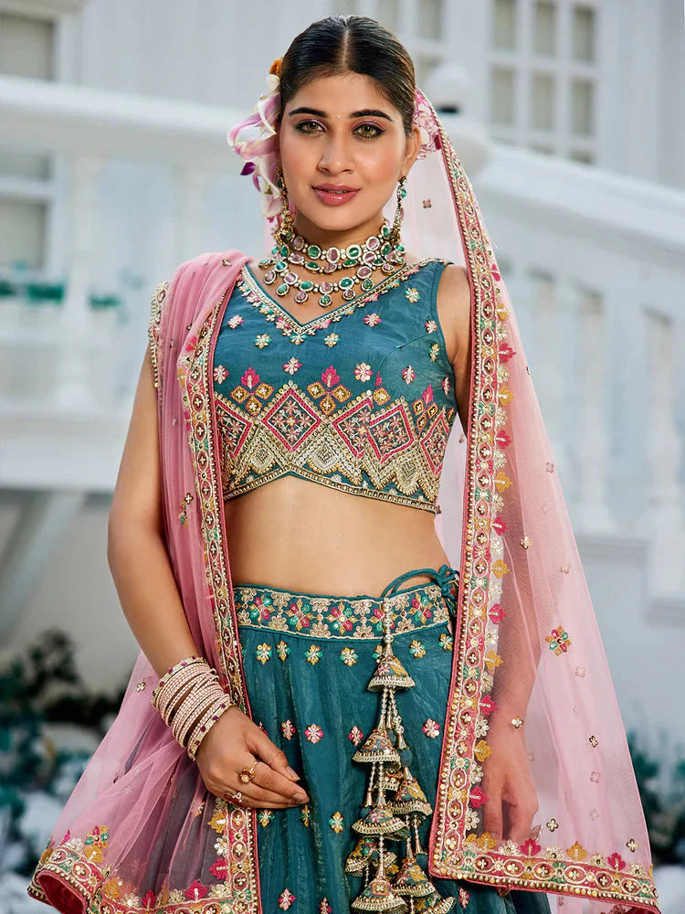 Teal Gorgeous Pure Georgette Tissue Lehenga Choli Set with Heavy Sequin & Thread Embroidery Work
