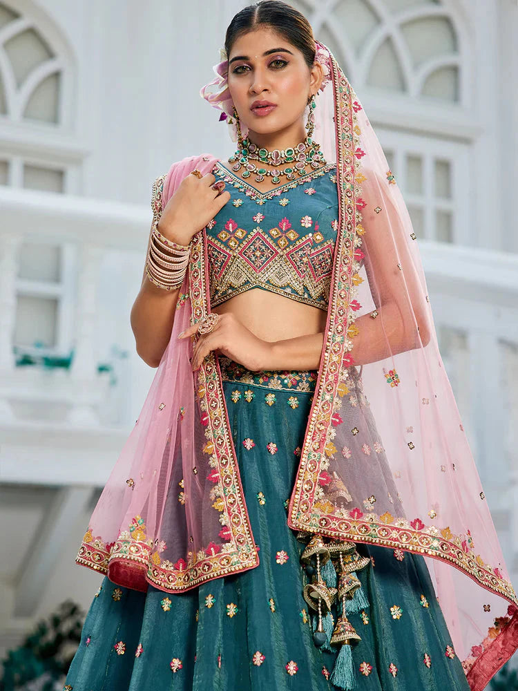 Teal Gorgeous Pure Georgette Tissue Lehenga Choli Set with Heavy Sequin & Thread Embroidery Work