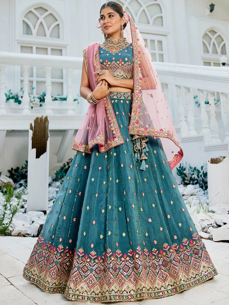 Teal Gorgeous Pure Georgette Tissue Lehenga Choli Set with Heavy Sequin & Thread Embroidery Work
