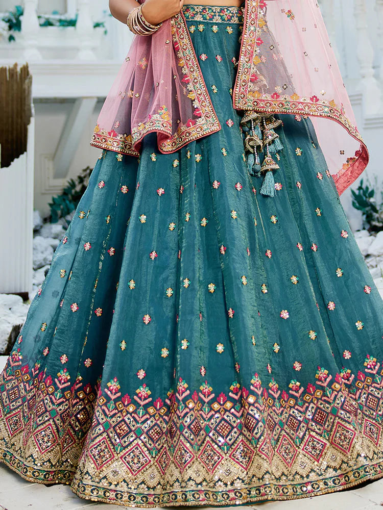 Teal Gorgeous Pure Georgette Tissue Lehenga Choli Set with Heavy Sequin & Thread Embroidery Work