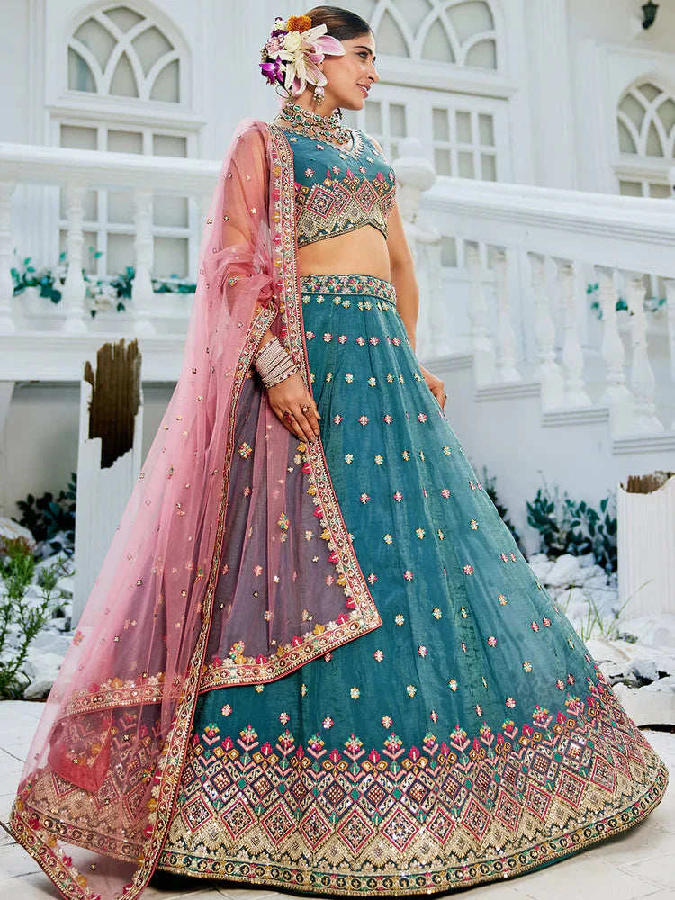 Teal Gorgeous Pure Georgette Tissue Lehenga Choli Set with Heavy Sequin & Thread Embroidery Work
