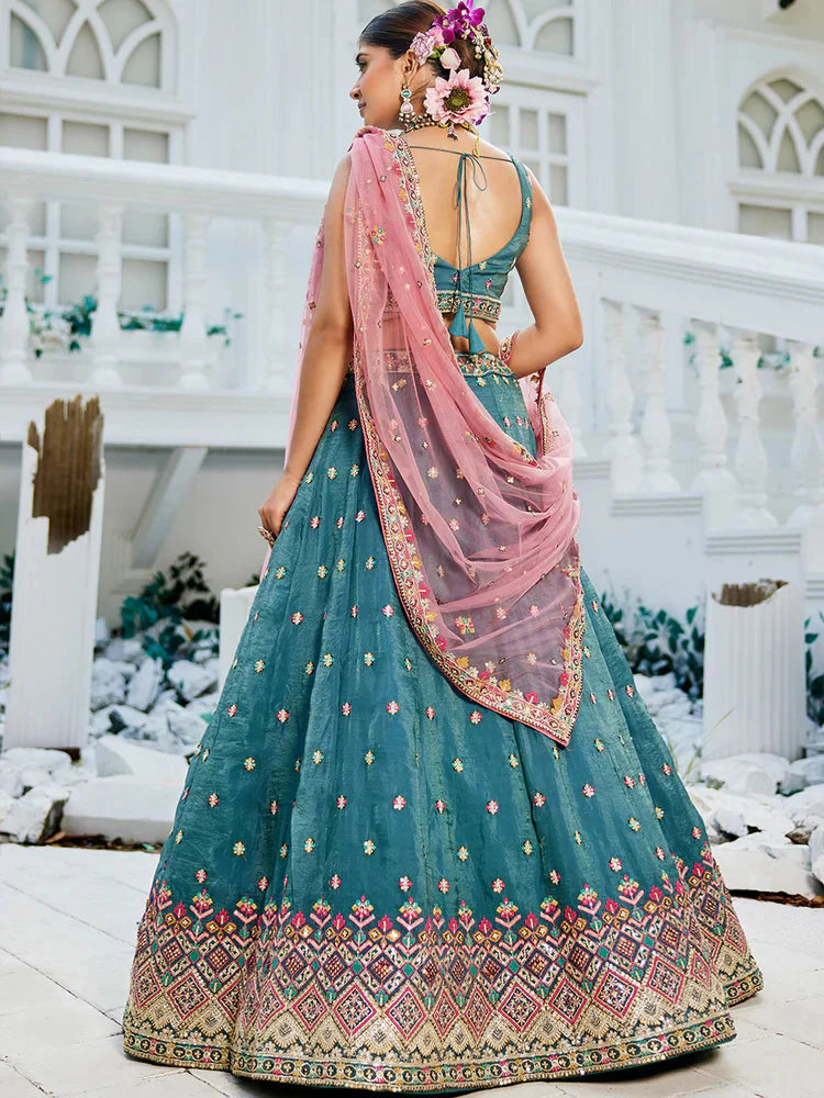 Teal Gorgeous Pure Georgette Tissue Lehenga Choli Set with Heavy Sequin & Thread Embroidery Work