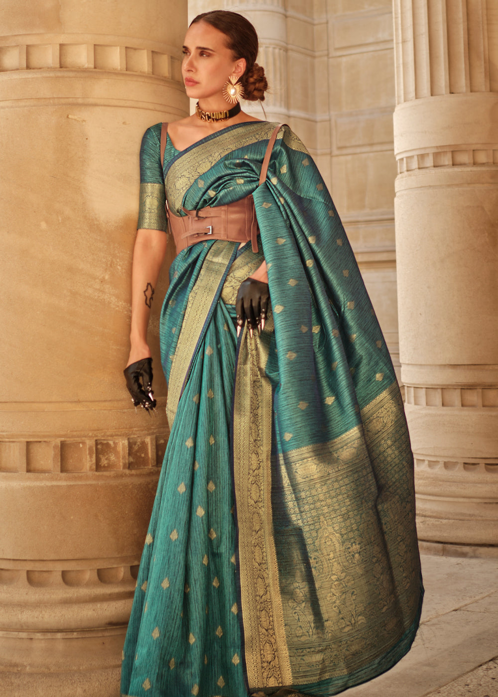 Bottle Green Regal Banarasi Blended Silk Saree with Intricate Timeless Design & Unstitched Blouse