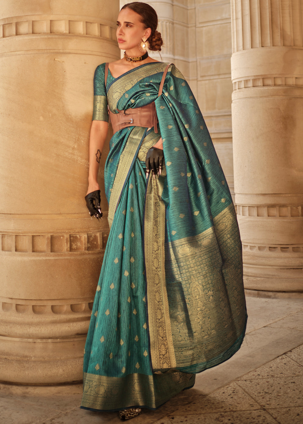Bottle Green Regal Banarasi Blended Silk Saree with Intricate Timeless Design & Unstitched Blouse