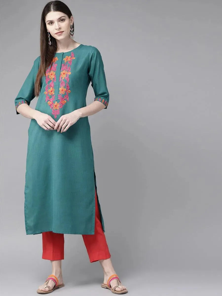 Anouk Teal Green Yoke Design Cotton Kurta