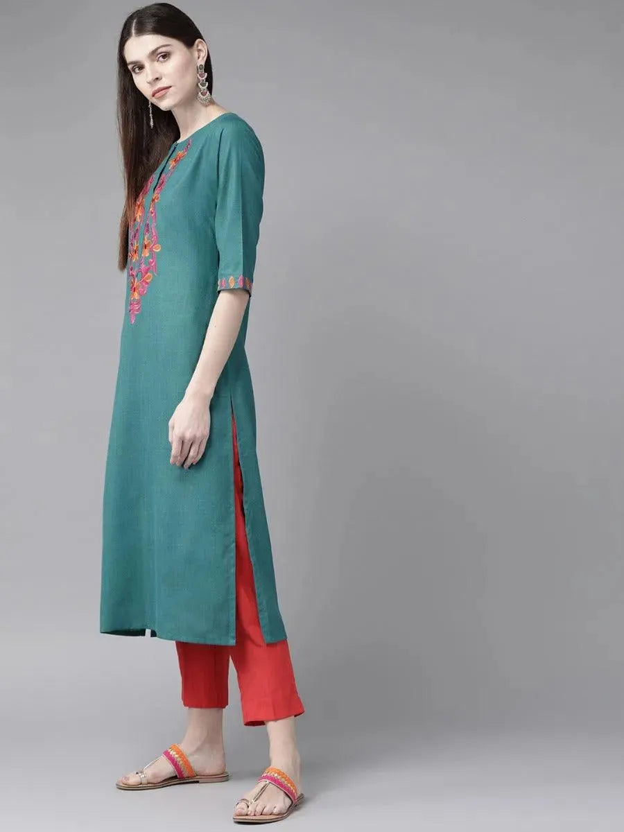 Anouk Teal Green Yoke Design Cotton Kurta
