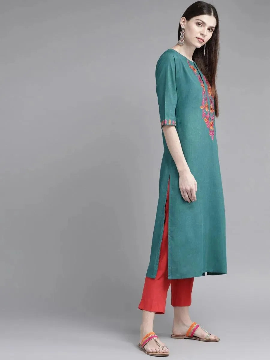 Anouk Teal Green Yoke Design Cotton Kurta