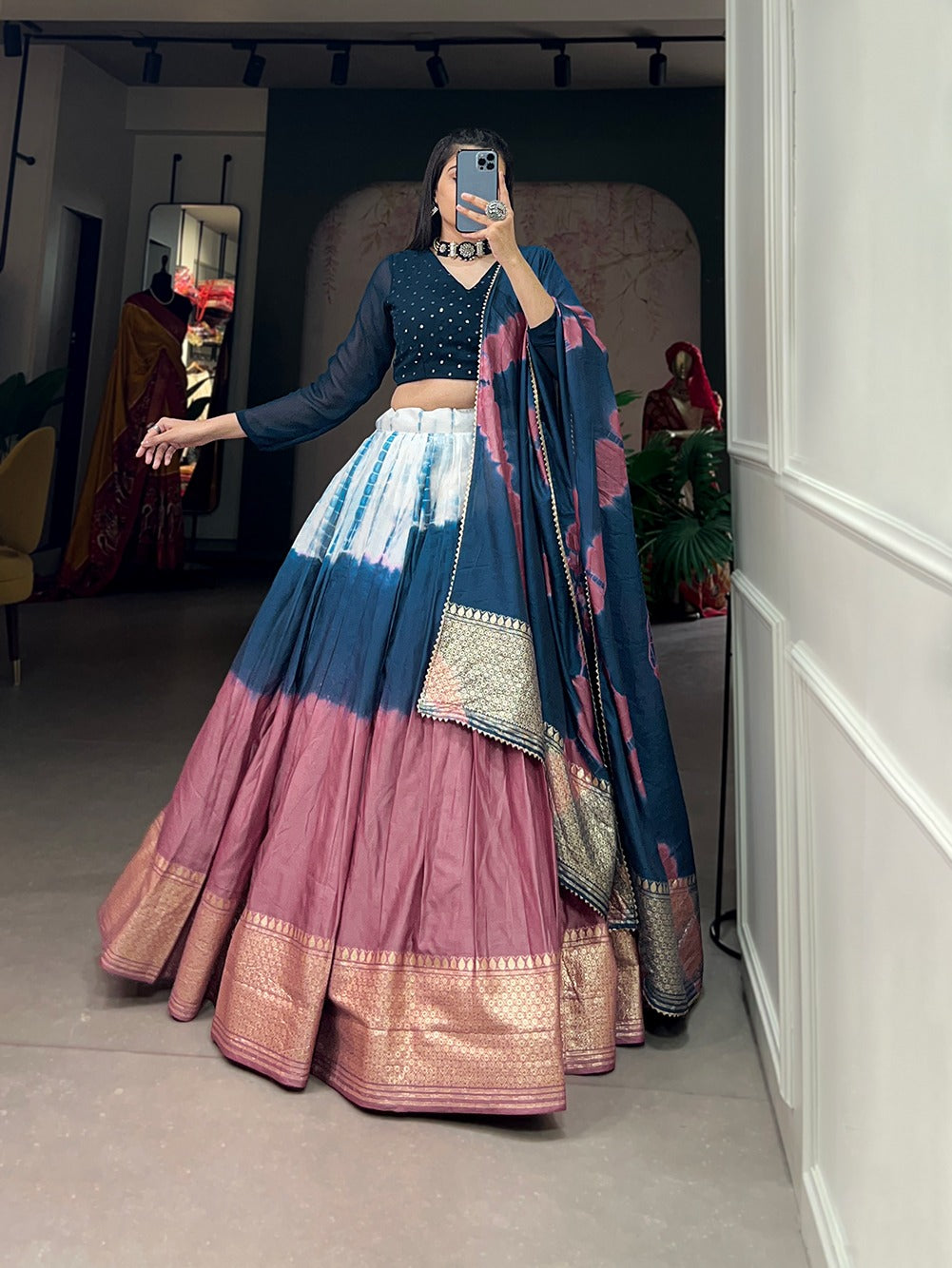 Teal Handcrafted Shibori Print Lehenga Choli with Zari Border