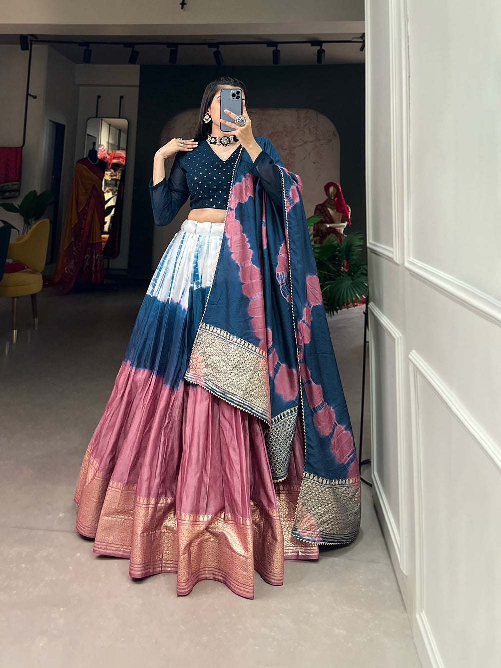 Teal Handcrafted Shibori Print Lehenga Choli with Zari Border