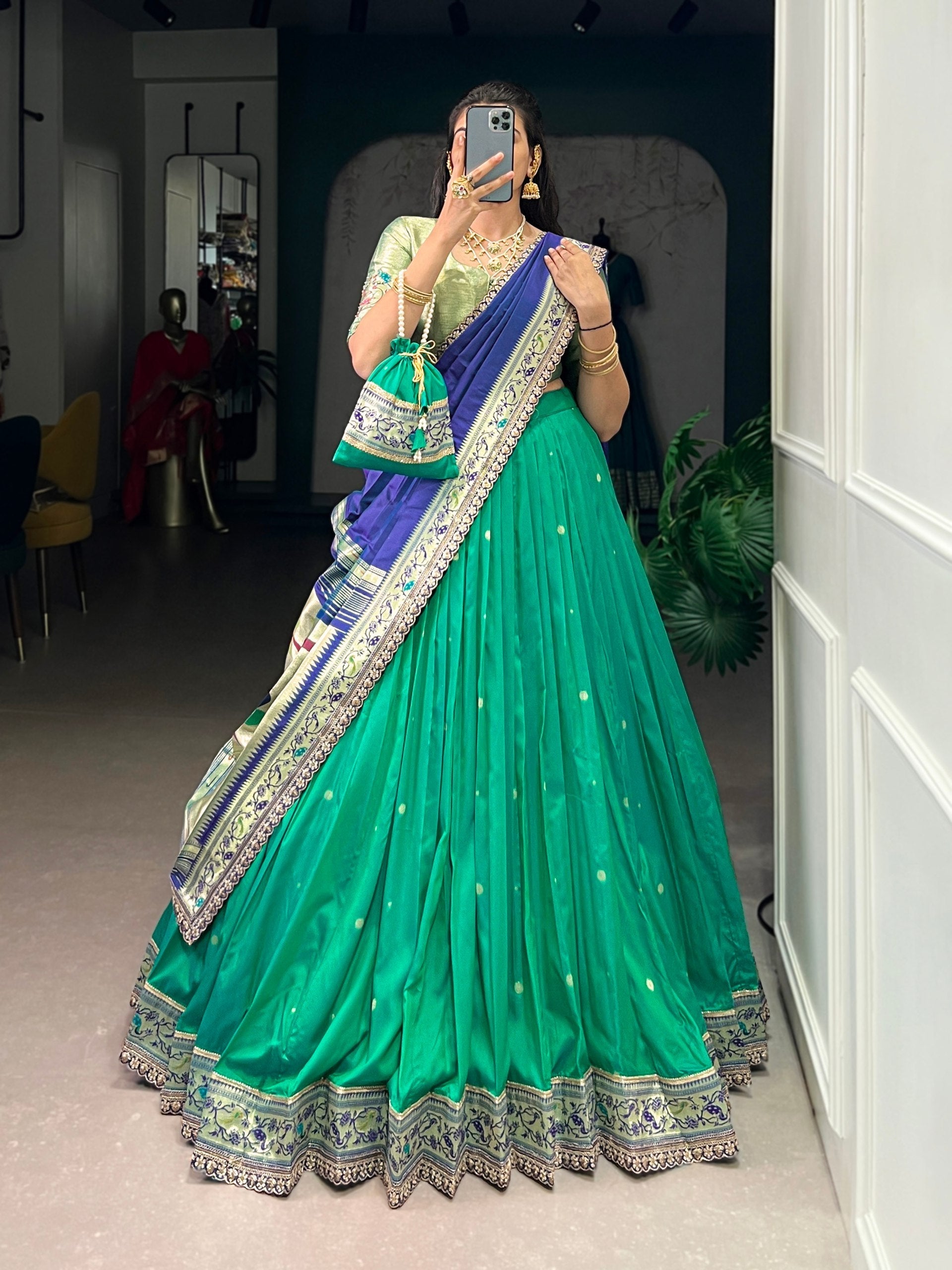 Teal Paithani Lehenga Set with Batwa