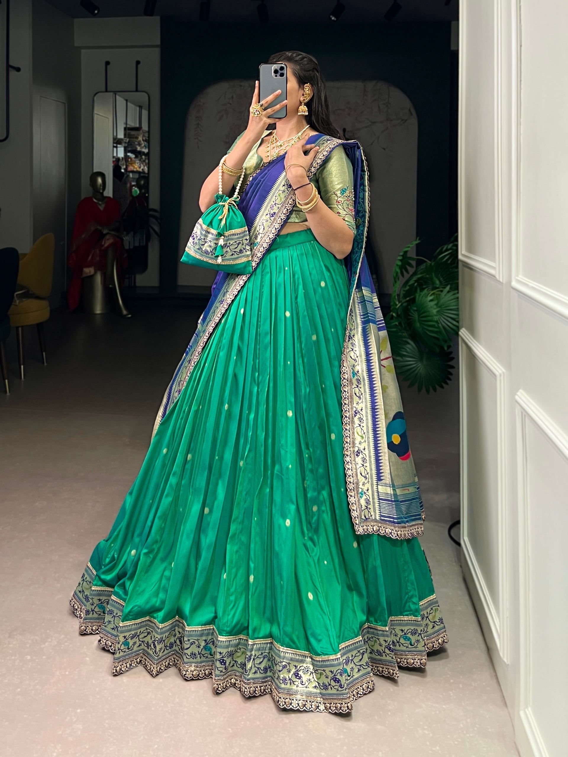 Teal Paithani Lehenga Set with Batwa