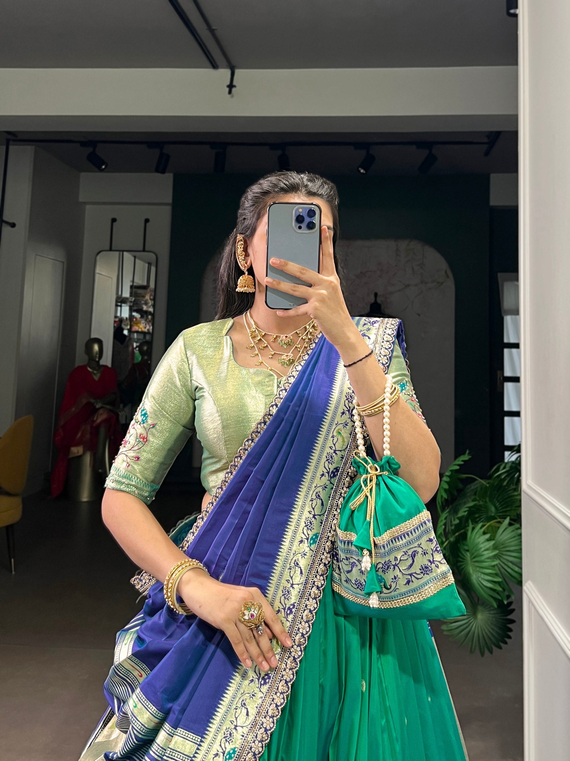 Teal Paithani Lehenga Set with Batwa