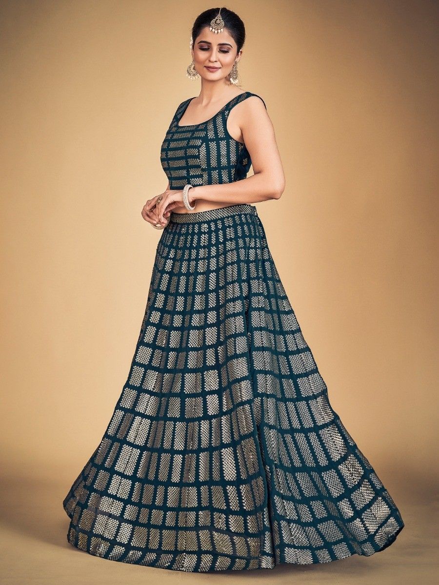 Teal Pakistani Georgette Lehenga Choli For Indian Festivals & Weddings - Sequence Embroidery Work,