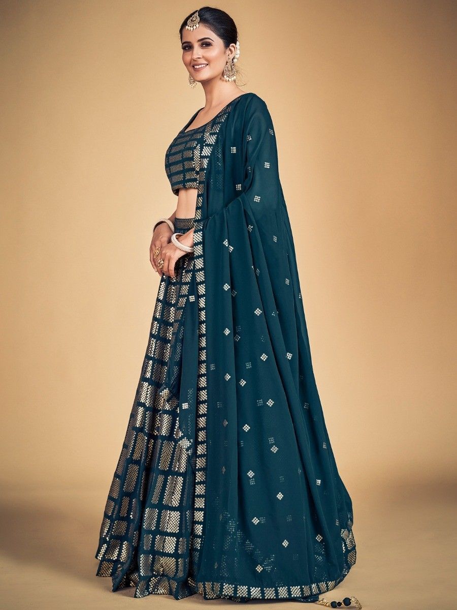 Teal Pakistani Georgette Lehenga Choli For Indian Festivals & Weddings - Sequence Embroidery Work,