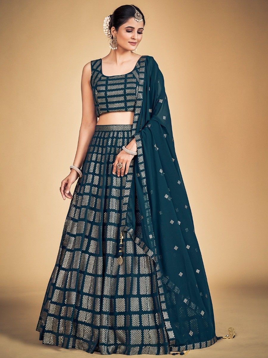 Teal Pakistani Georgette Lehenga Choli For Indian Festivals & Weddings - Sequence Embroidery Work,