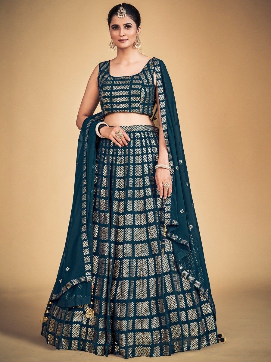 Teal Pakistani Georgette Lehenga Choli For Indian Festivals & Weddings - Sequence Embroidery Work,