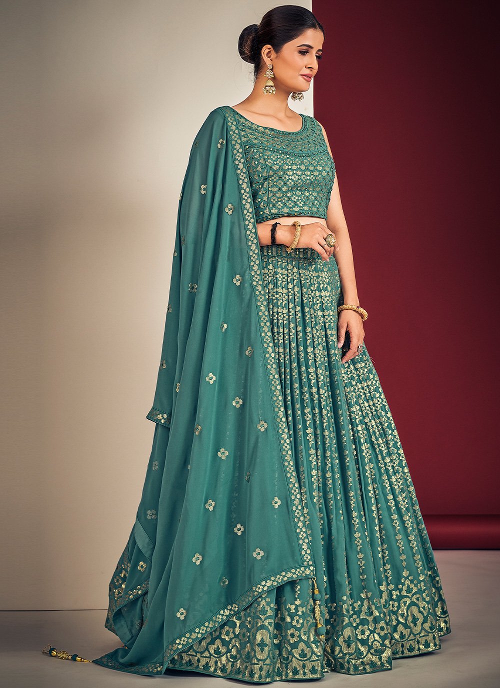 Teal Pakistani Georgette Lehenga Choli For Indian Festivals & Weddings - Sequence Embroidery Work, Mirror Work