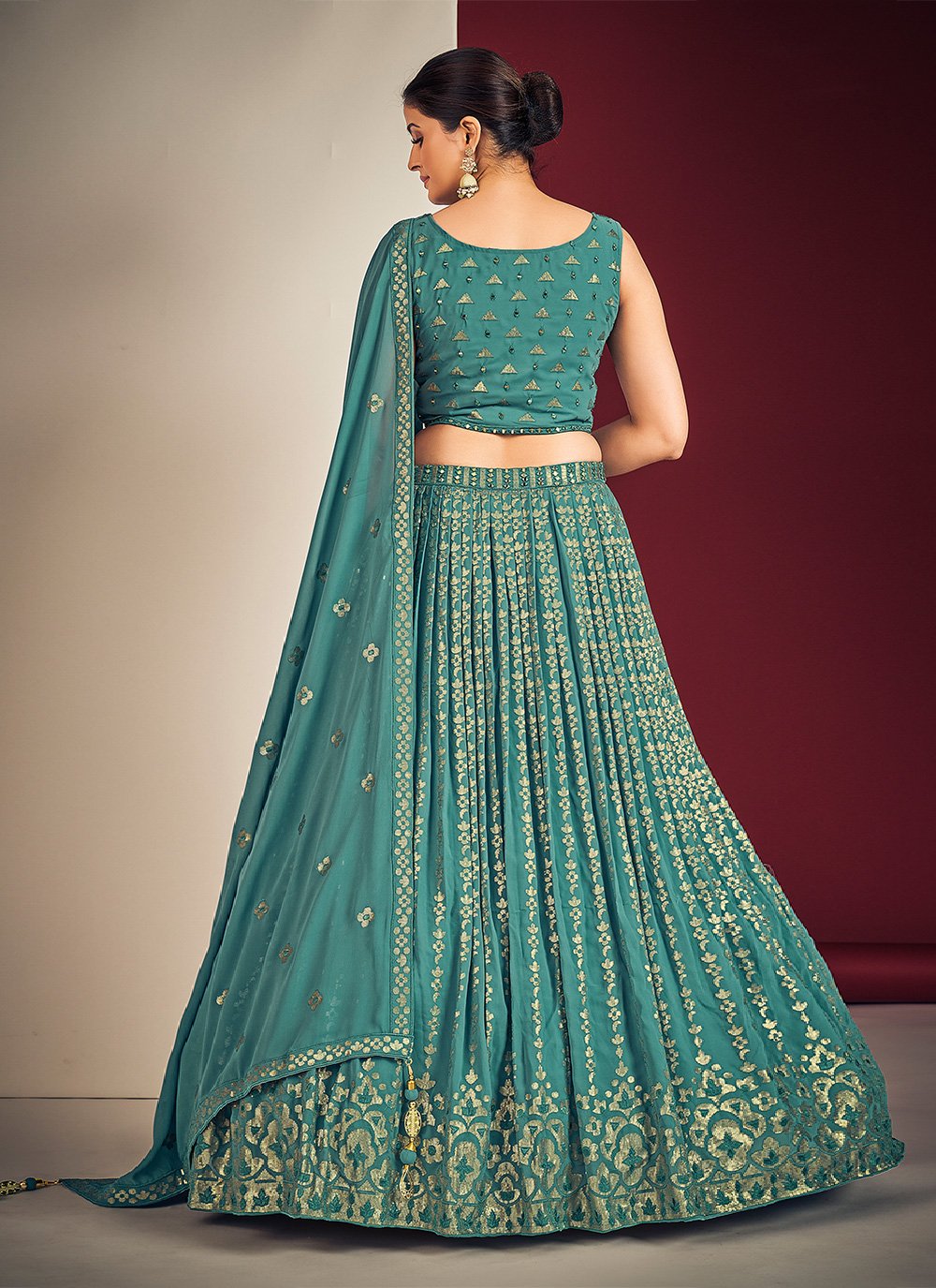 Teal Pakistani Georgette Lehenga Choli For Indian Festivals & Weddings - Sequence Embroidery Work, Mirror Work
