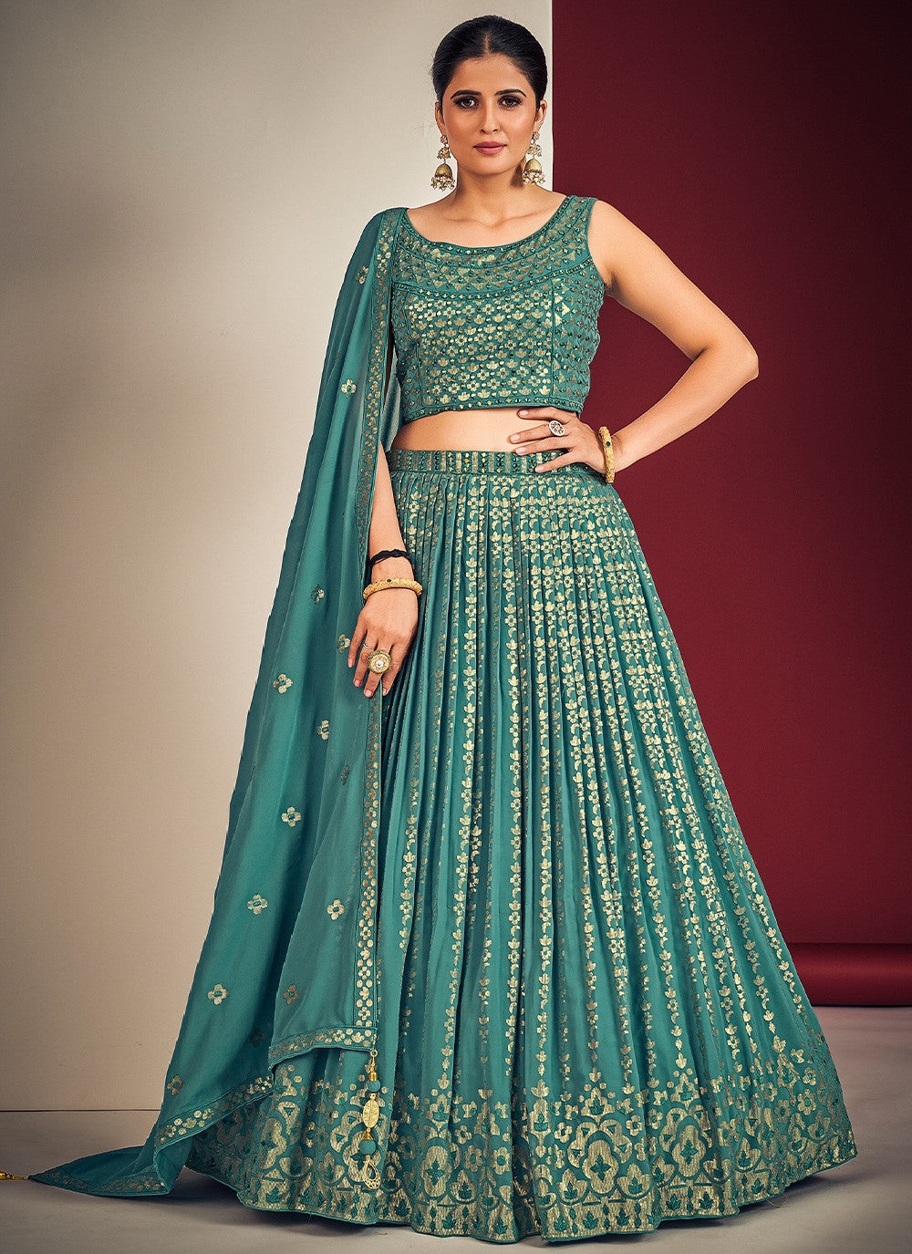 Teal Pakistani Georgette Lehenga Choli For Indian Festivals & Weddings - Sequence Embroidery Work, Mirror Work