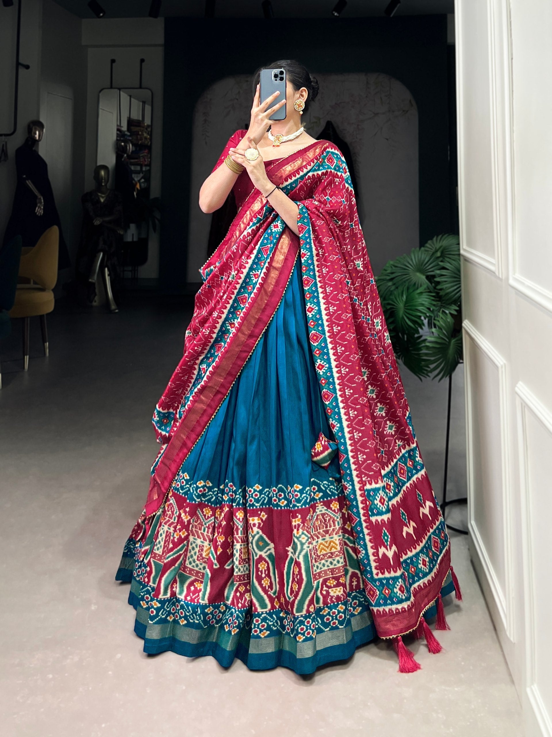Teal Patola Print Tussar Silk Lehenga Set with Gotta Patti Dupatta