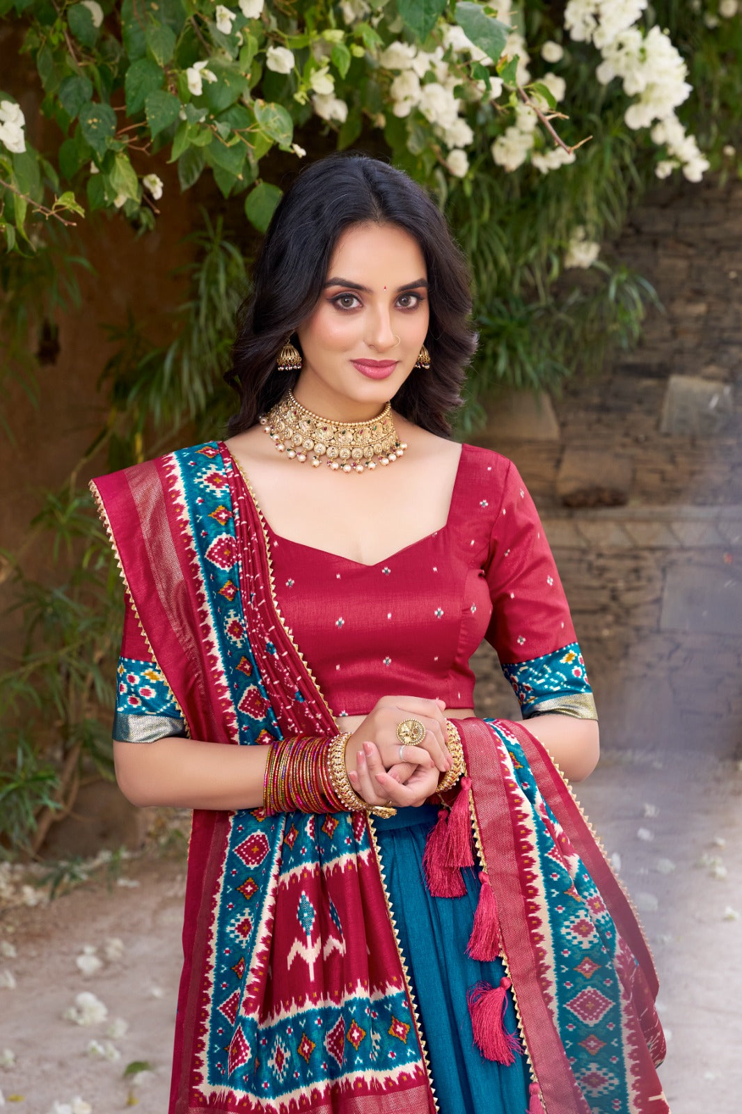 Teal Patola Print Tussar Silk Lehenga Set with Gotta Patti Dupatta