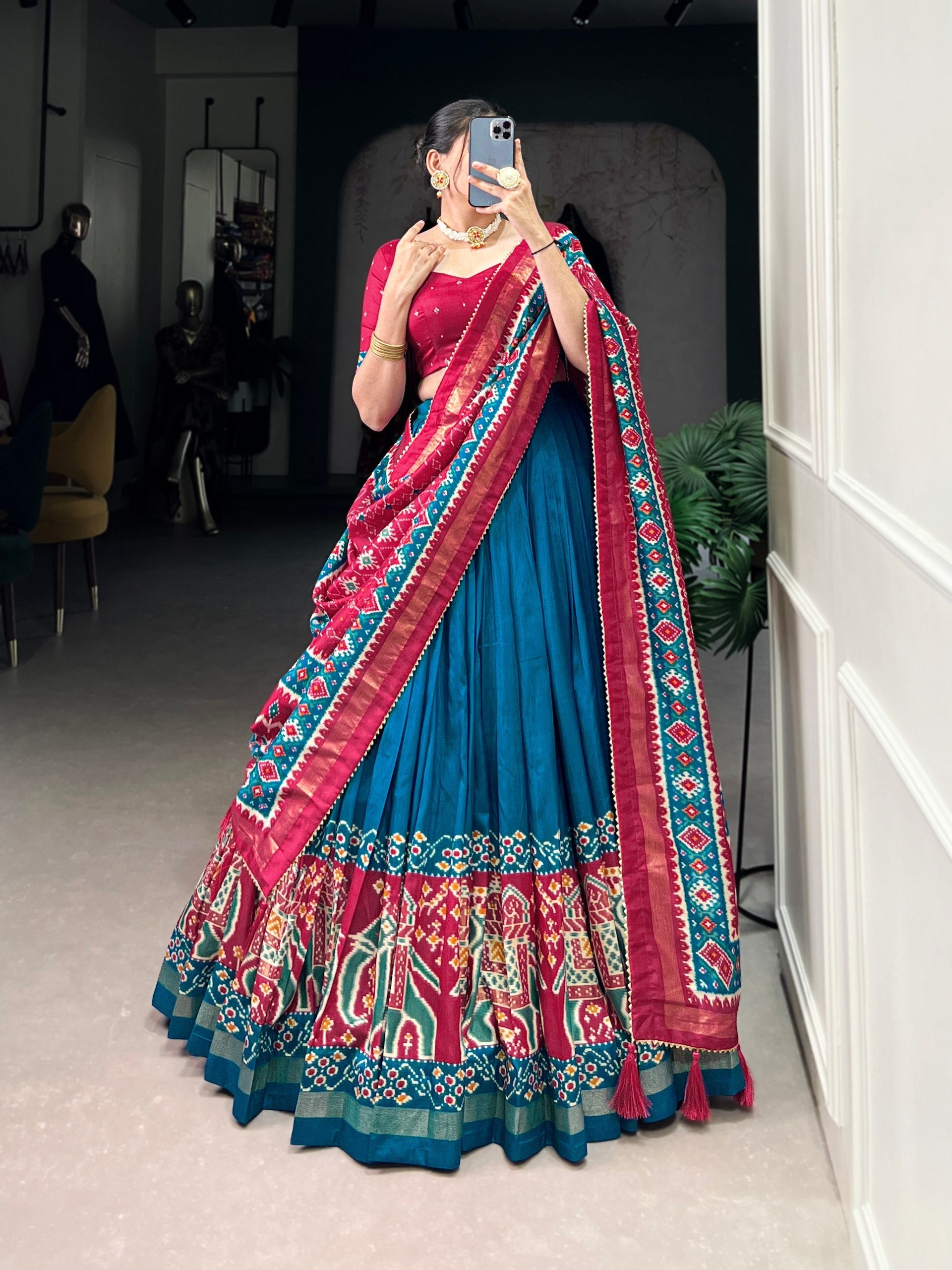 Teal Patola Print Tussar Silk Lehenga Set with Gotta Patti Dupatta