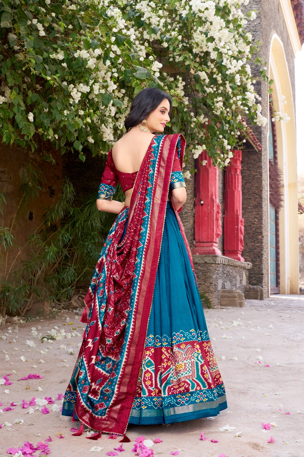 Teal Patola Print Tussar Silk Lehenga Set with Gotta Patti Dupatta