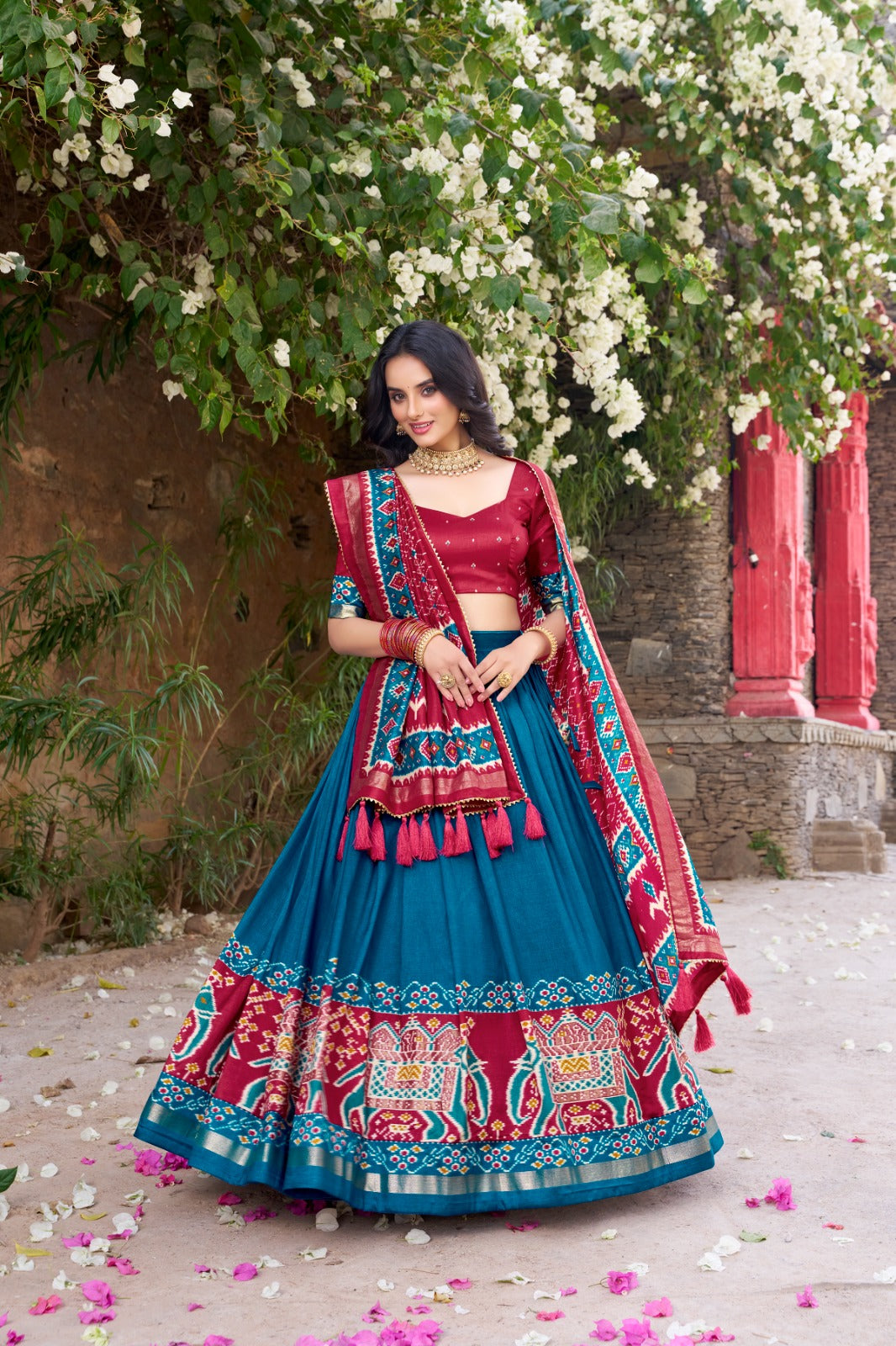 Teal Patola Print Tussar Silk Lehenga Set with Gotta Patti Dupatta