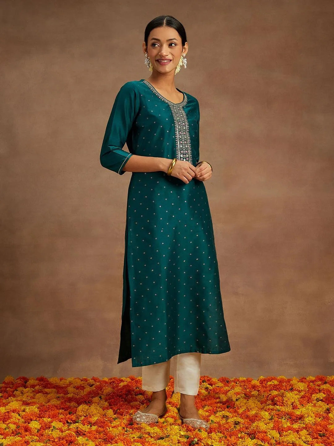 Anouk Teal Printed Silk Straight Kurta